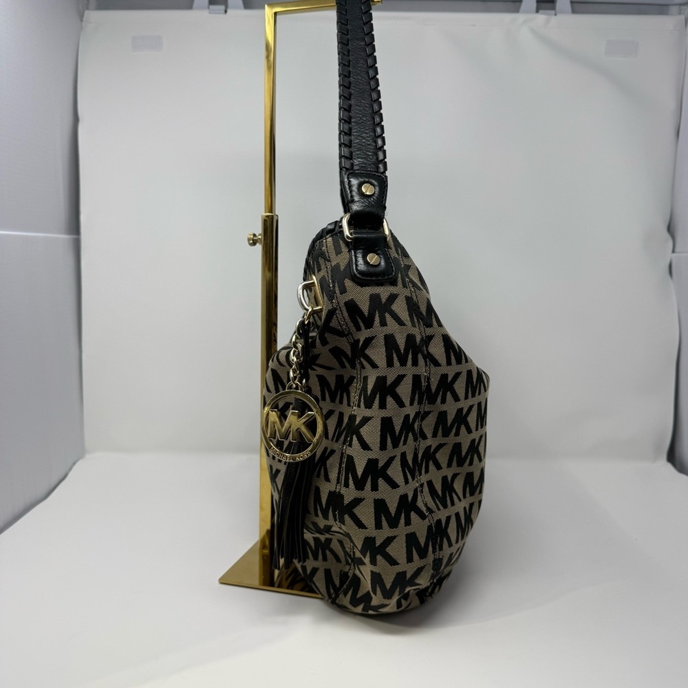 Michael Kors MK Logo Jacquard Hobo Shoulder Bag Black Tan Tassel Charm - Picture 10 of 16